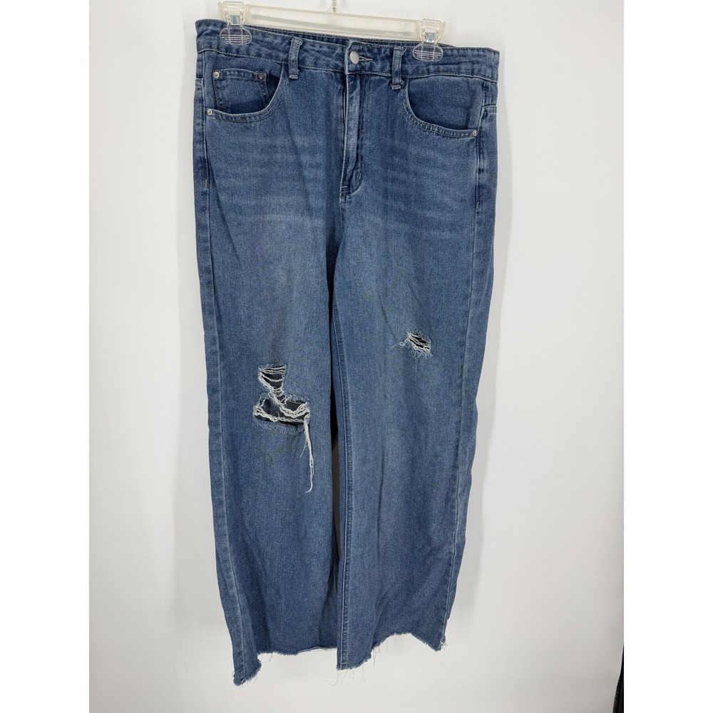 Dazy Wide Leg Jeans Women XL Blue Distressed Raw Hem High Rise Streetwear Boho